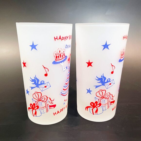 Vintage Frosted Happy Birthday To You Drinking Glasses Set of 2 - 5" tall MCM - Picture 4 of 6